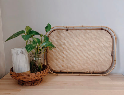 Vintage Bamboo Serving Tray | Boho Home Decor | Bohemian Basket Tray | Serving Platter | Boho Tableware | Rattan Home Decor | Vintage Trays