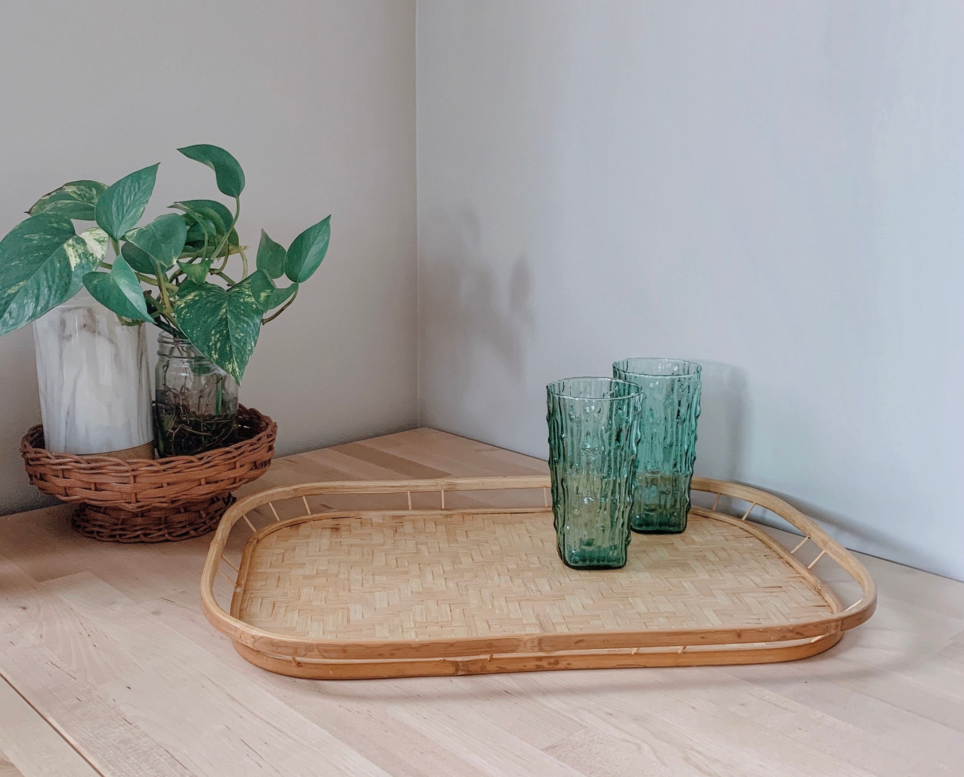 Vintage Bamboo Serving Tray | Boho Home Decor | Bohemian Basket Tray | Serving Platter | Boho Tableware | Rattan Home Decor | Vintage Trays