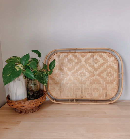 Vintage Bamboo Serving Tray | Boho Home Decor | Bohemian Basket Tray | Serving Platter | Boho Tableware | Rattan Home Decor | Vintage Trays