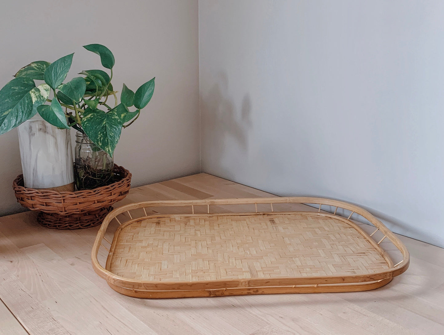 Vintage Bamboo Serving Tray | Boho Home Decor | Bohemian Basket Tray | Serving Platter | Boho Tableware | Rattan Home Decor | Vintage Trays