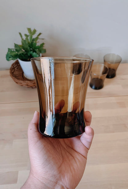 Set of 2 Vintage Tawny Short Drinking Glasses | Smoked Tawny Brown Glass | MCM | Mid Century Barware | Smoke Glass | Retro Drinkware