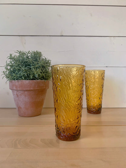 Set of 2 Vintage Amber Crinkle Drinking Glasses | Gold Amber Vintage Glass | Anchor Hocking | Vintage Glass | Retro Barware | Water Tumblers