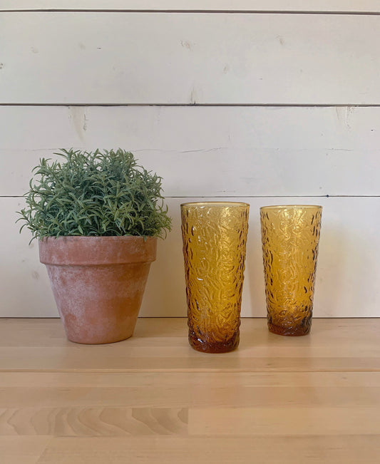 Set of 2 Vintage Amber Crinkle Drinking Glasses | Gold Amber Vintage Glass | Anchor Hocking | Vintage Glass | Retro Barware | Water Tumblers